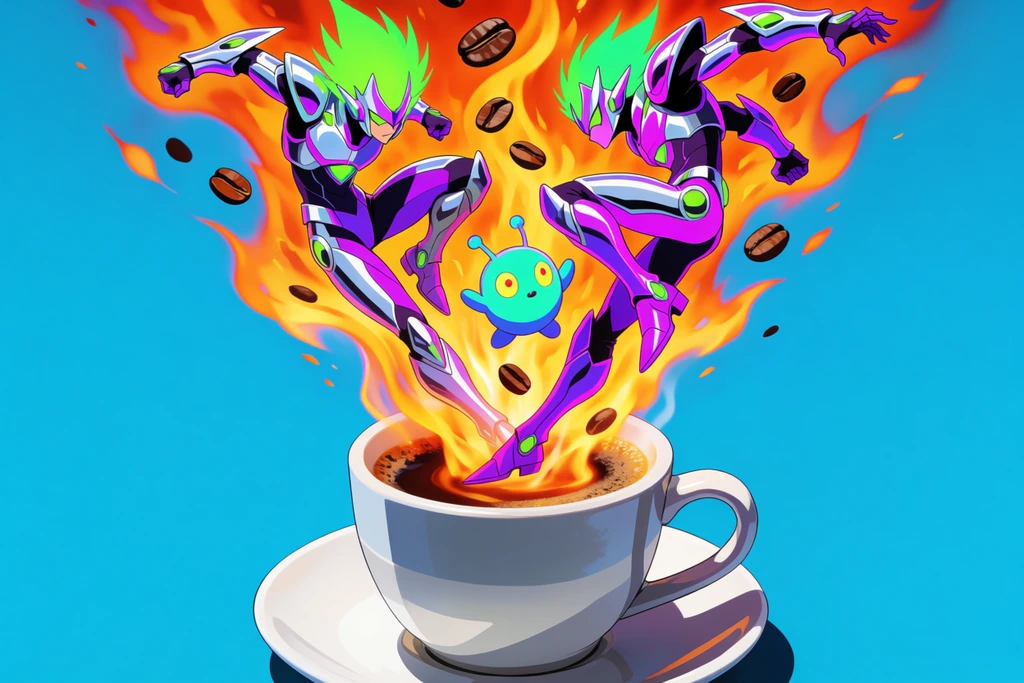 A white ceramic coffee cup and saucer sit against a flat cyan background, with a bright plume of orange and yellow fire bursting upward from the dark liquid. Floating within the flames are roasted coffee beans and dynamic anime-style sci-fi warriors. The figures wear sleek silver and neon purple armor with spiky glowing green hair, striking intense mid-air combat poses alongside a round turquoise alien creature. The surreal scene is rendered in crisp 2D cel shading.