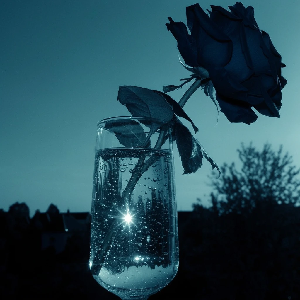 A moody, monochromatic photograph featuring a dark rose resting inside a tall, clear glass filled with carbonated liquid. The scene is bathed in a deep teal and cyan color palette, rendering the elements in sharp contrast against a smooth sky. The stem angles into the bubbly water, where a brilliant starburst specular highlight reflects near the center of the glass. The heavy blossom and its leaves droop asymmetrically to the upper right, heavily shadowed in deep navy. In the out-of-focus background, stark silhouettes of trees and distant rooftops form a dark horizon line. The composition utilizes strong backlighting and a cool, melancholic atmosphere to emphasize the delicate glass contours.