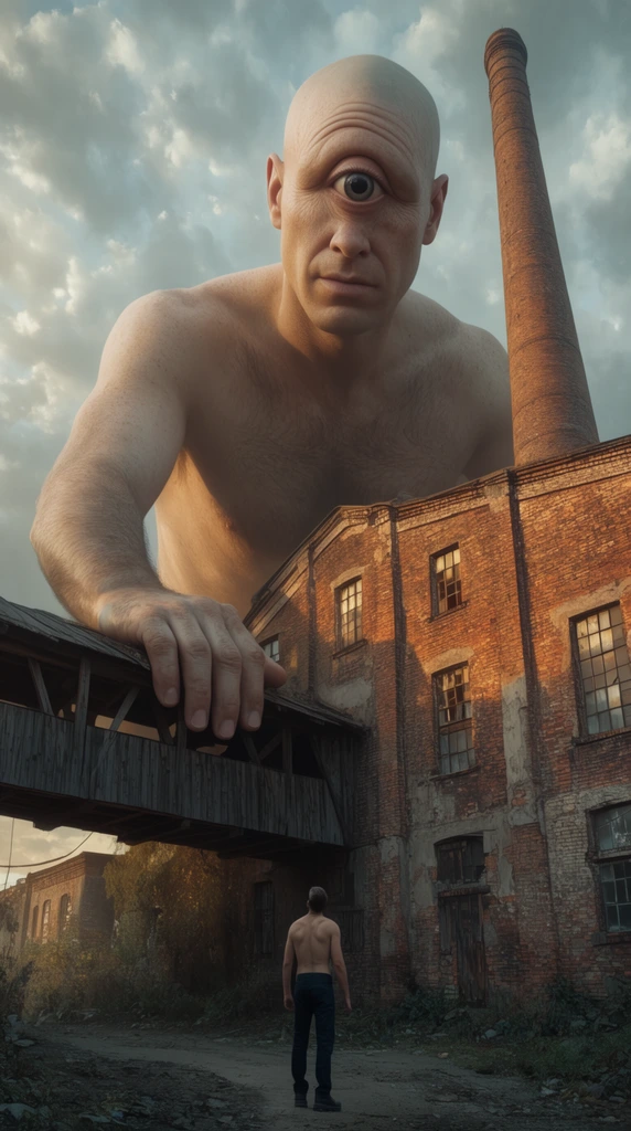 giant bald cyclops towering over a weathered industrial complex, shirtless man with a single eye centered on his forehead looking up, massive hand resting near a covered wooden bridge, aged brick building with a tall smokestack, dramatic cloudy sky, warm sunlight hitting the brick facade, low angle perspective, photorealistic surrealism, grand scale, cinematic lighting