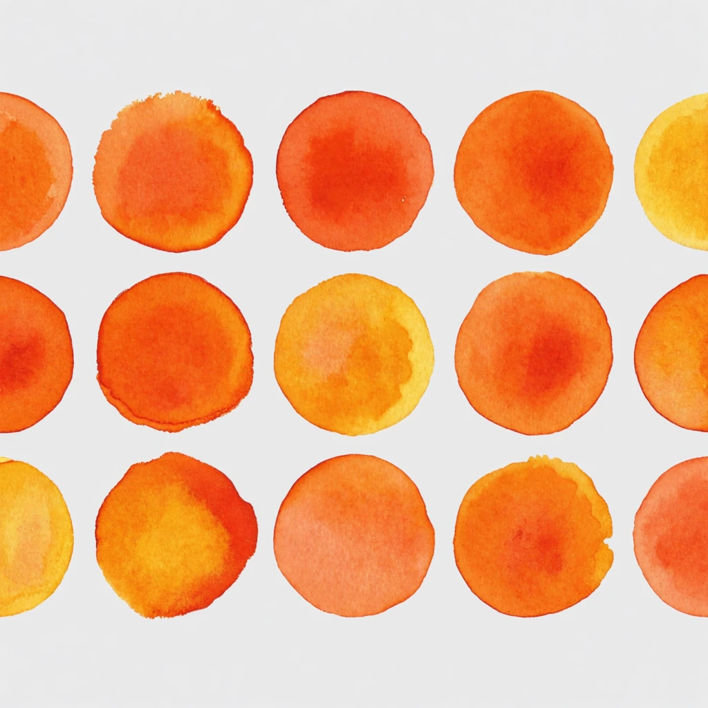 uniform grid of watercolor circles, vibrant orange and golden yellow hues, organic textured paint washes, uneven natural edges, arranged in three even rows, solid light gray background, minimalist abstract composition