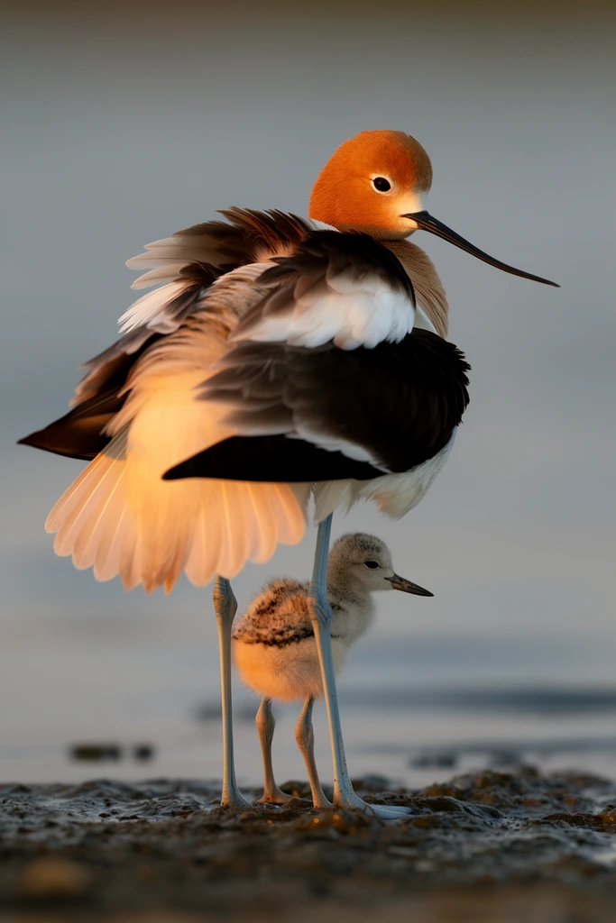 An adult American Avocet stands on a muddy shoreline, sheltering a fluffy chick beneath its belly. The adult bird features a rust-orange head, a long, needle-like black bill, and contrasting black and white plumage with ruffled back feathers. Both birds stand on long bluish-gray legs, the tiny mottled gray chick tucked safely between the adult's stance. Warm, low-angle golden sunlight illuminates them from the left, casting an amber glow across the adult's white tail feathers. The background is a smooth, out-of-focus expanse of soft gray-blue, shot with a shallow depth of field.