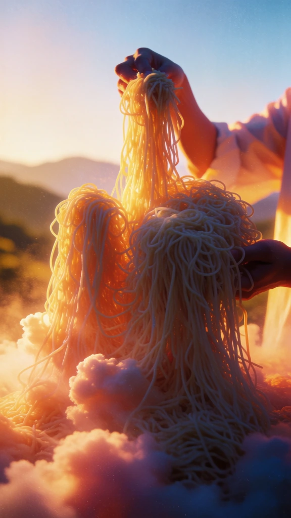 a vertical composition of hands lifting a dense mass of long noodles, the noodles rendered with the volumetric billowy density of towering cumulonimbus clouds, dramatically backlit by golden hour light with vibrant amber highlights and deep violet shadows, high-contrast atmospheric steam mimicking cloud-like formations, tactile organic detail, soft-focus cinematic haze, ethereal and majestic mood, 35mm film grain, high-signal color gradients from warm peach to indigo