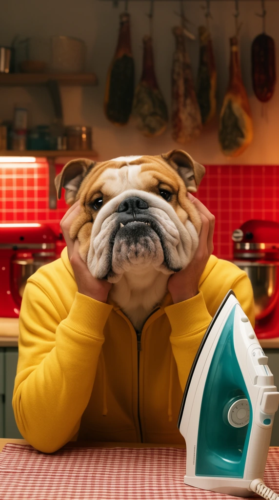 A surreal photograph of a bulldog's head on a human body wearing a yellow zip-up hoodie. Human hands grasp the dog's wrinkled cheeks in a stressed pose. An upright white and teal steam iron rests on a checkered cloth to the right. The blurred background features a kitchen with bright red square tiles, a red stand mixer, and hanging cured meats under warm cinematic lighting.