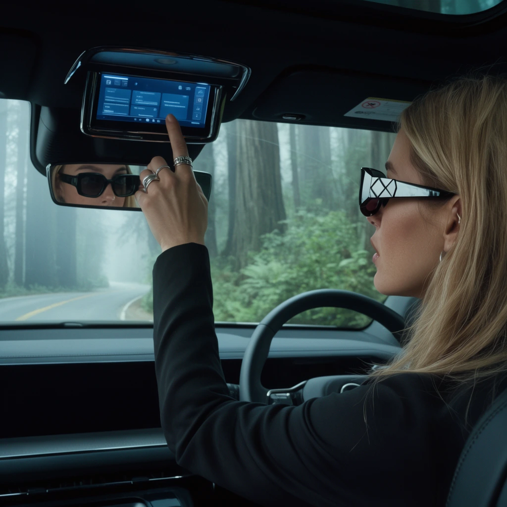 A woman with long blonde hair and chunky geometric sunglasses drives a sleek modern vehicle through a foggy redwood forest. Shot from the back seat, the cinematic over-the-shoulder perspective captures her profile on the right side of the cabin and her eyes reflected in the left-side rearview mirror. She reaches up with a hand adorned with silver rings to tap a glowing touchscreen console mounted to the vehicle roof. The steering wheel and dark dashboard frame the immediate foreground, while misty towering trees and a winding paved road fill the expansive windshield. Cool, diffused lighting creates an atmospheric thriller aesthetic, highlighting the smooth interior surfaces and the vibrant green foliage outside.