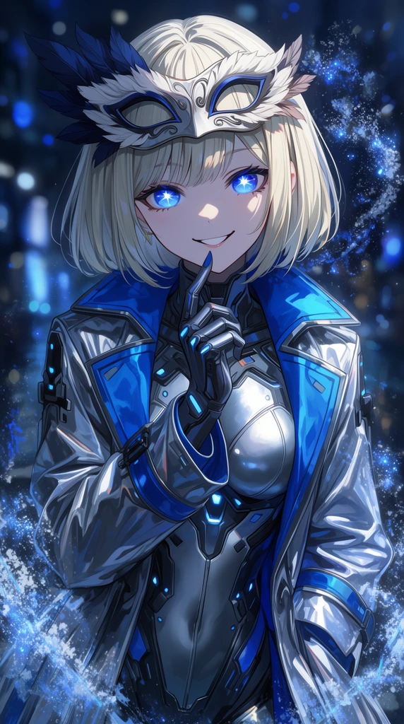 An anime-style female character with a short platinum blonde bob and glowing sapphire eyes featuring star pupils. She wears a silver and blue cyber-trench coat over a metallic bodysuit, with a feathered masquerade mask resting on her head. She holds a mischievous smile, one finger elegantly touching her chin. Dramatic cool-toned lighting illuminates her, surrounded by swirling digital sparks and frost particles against a blurred nighttime backdrop with deep blue bokeh. Highly detailed digital illustration with an energetic aesthetic.