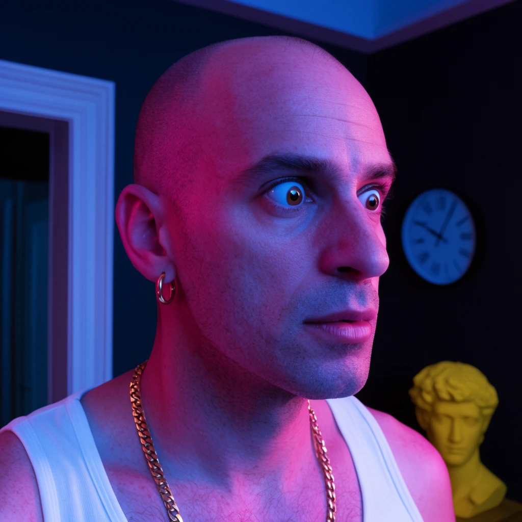 A bald man with a wide-eyed stare wearing a white tank top, gold chain, and hoop earring looks right. Magenta and cool blue neon lighting illuminates his face. The dark background includes a doorway, a clock, and a yellow bust.