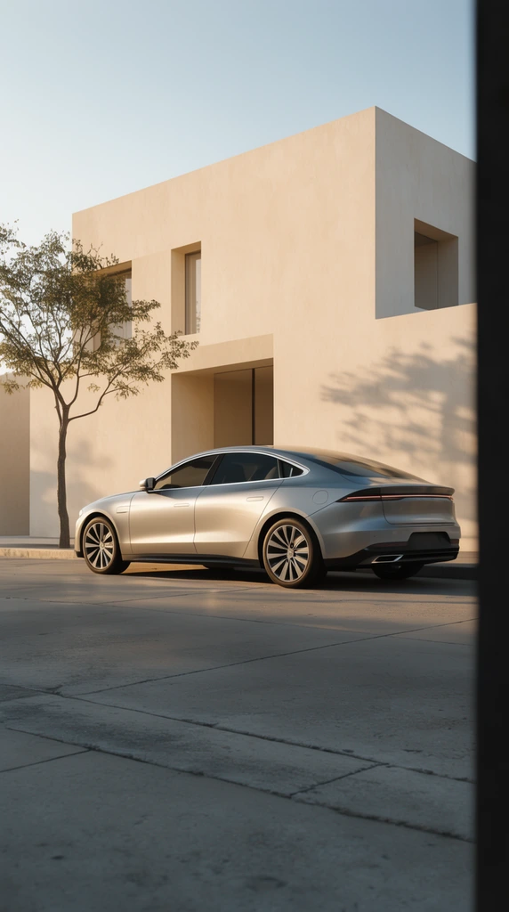 A sleek silver sedan parked on a concrete street beside a minimalist light-beige stucco building. Warm golden sunlight casts crisp shadows from a slender tree onto the cubic architecture. The low-angle shot highlights the vehicle's aerodynamic roofline and multi-spoke wheels, subtly framed by a dark edge in the right foreground.