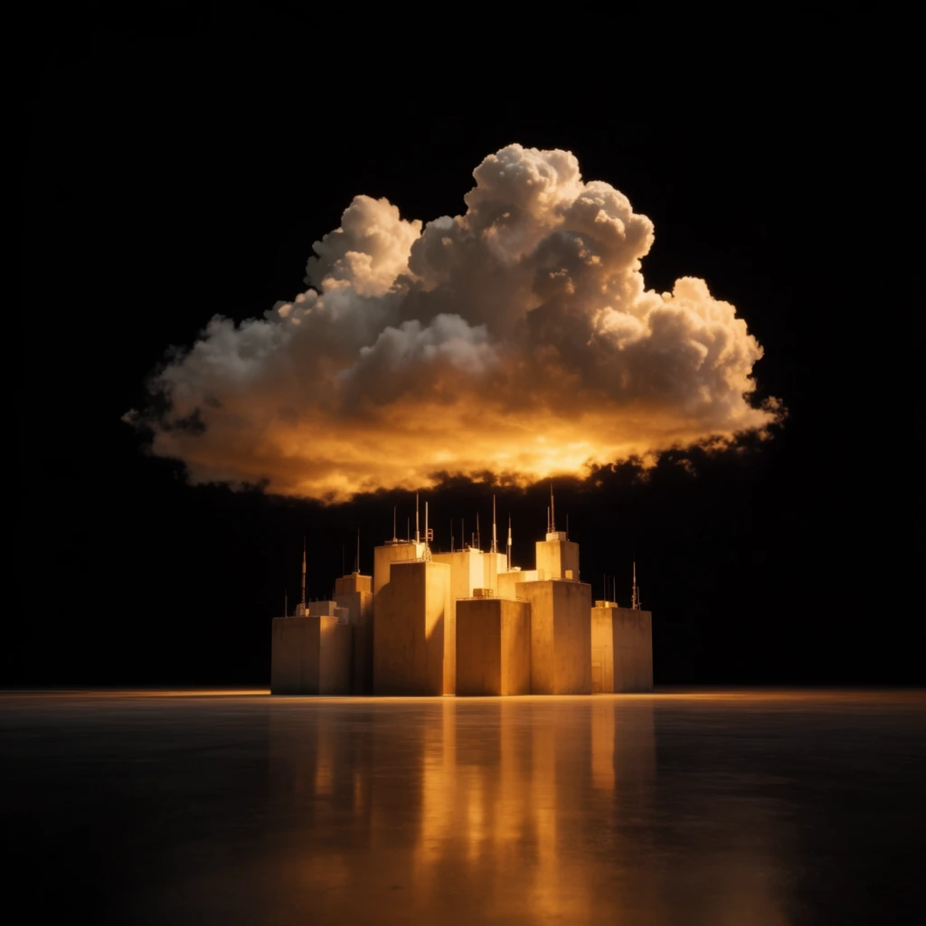 A towering cumulonimbus cloud hovers directly above a dense cluster of concrete buildings topped with thin antennas, rendered in a striking, high-contrast chiaroscuro style against an absolute pitch-black void. A single, intense, warm golden-amber light source illuminates the scene from directly below, fiercely spotlighting the heavy, billowing underbelly of the cloud formation, the textured undersides of the concrete structures, and the sleek vertical lines of the antennas. The upper ridges of the cloud and the top edges of the architecture dissolve entirely into the dark background, leaving only the bottom-lit surfaces glowing with fiery, luminous warmth. The buildings are anchored to a smooth, highly polished, dark floor that functions as a glossy mirror. This reflective ground plane stretches across the lower third of the frame, catching the intense amber light and projecting elongated, blurred vertical reflections of the glowing architecture and cloud base downward. The composition is sharply center-weighted and deeply minimalist, utilizing hyper-realistic, theatrical studio lighting to create a surreal atmosphere of isolation, with crisp photographic focus emphasizing the stark interplay between the glowing golden textures and the surrounding abyss.