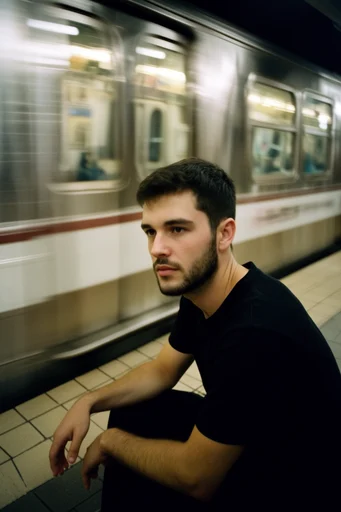 Cinematic Transit Melancholy style reference image — analog film grain