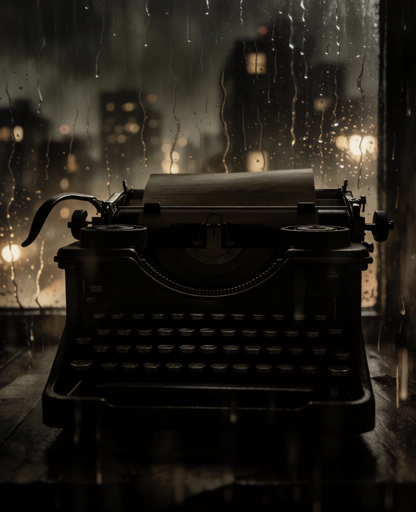 silhouette of a vintage typewriter with round keys and a carriage return lever centered in the foreground, high-contrast low-key lighting, deep sepia and charcoal tones, heavy film grain, moody atmospheric film noir aesthetic, vertical streaks of rain glistening against a dark backdrop, distant blurred city lights creating soft golden bokeh, dramatic chiaroscuro composition, tactile textures, underexposed shadows, minimalist framing, evocative 1940s cinematic style.