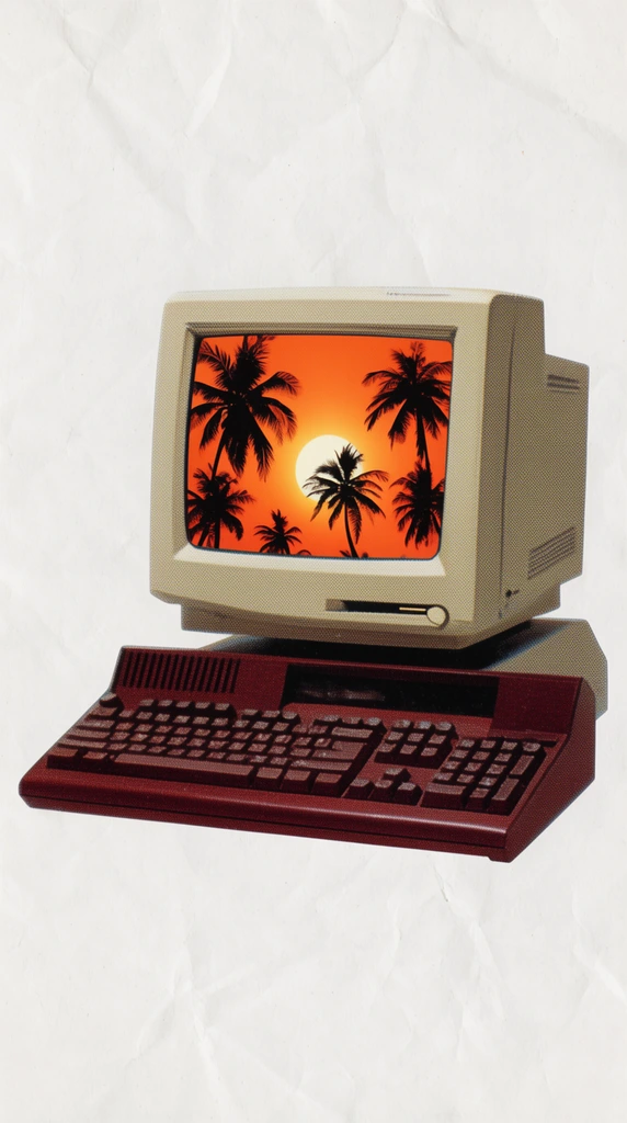 vintage beige CRT monitor on a chunky dark reddish-brown keyboard console, screen displaying a glowing orange tropical sunset with black palm tree silhouettes, isolated on textured off-white paper with subtle creases, retro 80s technology, halftone print texture, vintage graphic design style, vaporwave aesthetic