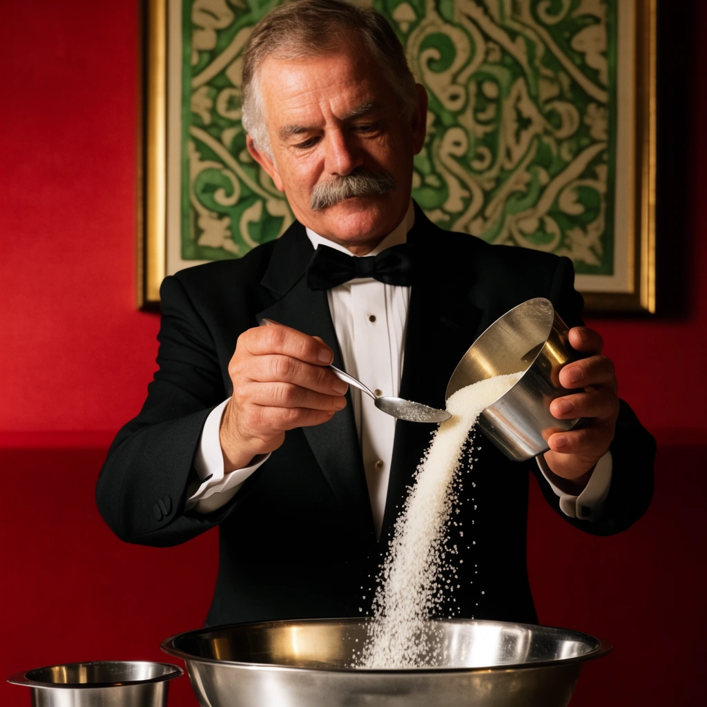 older male waiter with mustache in classic black tuxedo and bow tie, pouring cascade of white granular substance from metal container into large stainless steel bowl using a spoon, dramatic warm lighting, deep red background wall, framed artwork with green and beige patterns, sharp focus on subject and falling particles, rich color palette, professional culinary photography