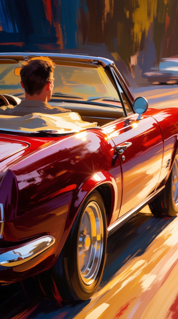 A man drives a vintage red convertible through a vibrant, painterly scene characterized by thick, dynamic brushstrokes. The driver has short brown hair and sits in a tan interior. The gleaming maroon car features chrome trim, a prominent side mirror, and polished alloy wheels reflecting golden sunlight. The background consists of blurred, abstract vertical streaks in navy blue, brown, and ochre, conveying swift forward motion. Intense, warm directional lighting creates bright, stylized reflections across the highly polished curvature of the vehicle.