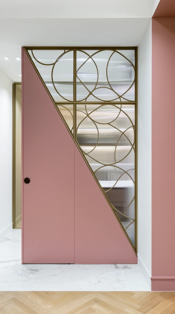 A modern architectural interior highlights a dusty rose partition integrated with a geometric glass panel. The solid matte pink section features a simple dark circular handle and connects to a downward-pointing triangular window made of vertically fluted glass. A brass-toned metallic framework divides the textured glass into an intricate pattern of intersecting circles and arcs. The floor beneath transitions sharply from white marble with subtle grey veining to light wood chevron parquet. Surrounding white walls and a ceiling with recessed lighting frame the structure, while a matching dusty rose accent wall forms the right boundary. Bright, even interior lighting creates soft reflections on the corrugated glass, emphasizing the clean lines, pastel color palette, and elegant Art Deco-inspired design.