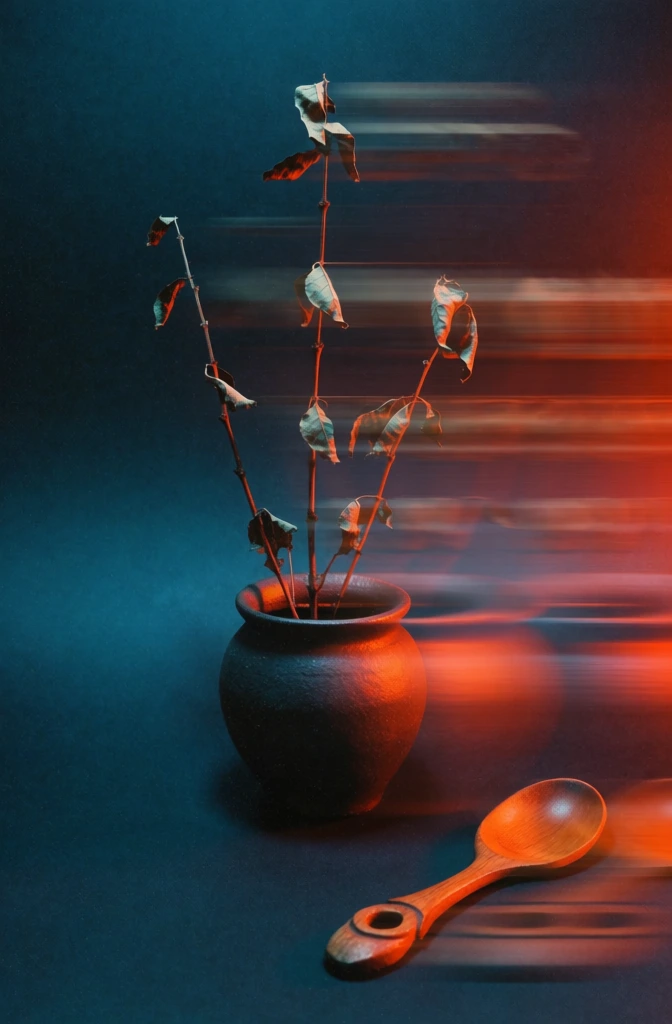 ceramic pot centered on a horizontal plane, vertical dried branches with desiccated leaves, a ring-carved wooden spoon in the lower right foreground, seamless backdrop, high-signal chromatic distortion, horizontal shutter drag motion blur ghosting towards the right edge, vibrant teal-blue shadows, searing orange-red highlights, heavy analog film grain texture, risograph noise, spectral color splitting, high contrast dramatic lighting, glitch aesthetic, ethereal atmosphere.