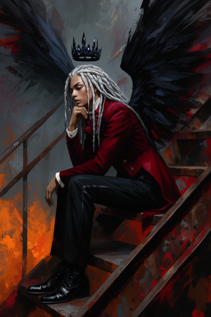 A pensive figure with long silver dreadlocks, massive black raven wings, and a floating obsidian crown sits sideways on a rusted staircase. The subject wears a tailored crimson Victorian tailcoat, resting their chin thoughtfully on one hand. The chaotic background blends abstract slate grey and fiery orange. Thick, dynamic brushwork and stark chiaroscuro lighting contrast the figure's quiet elegance with aggressive, textured splashes of dark red and charcoal paint.