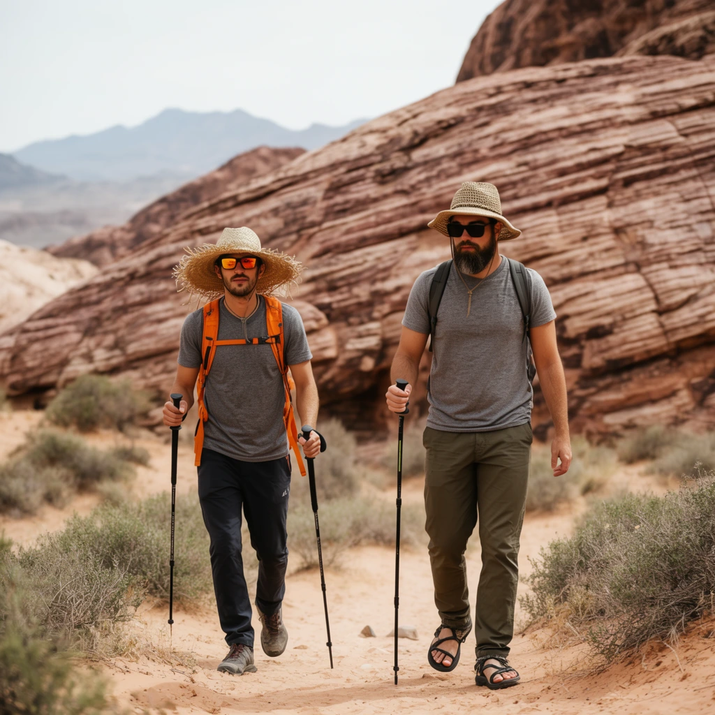 Two male hikers walking on a sandy desert trail, left man with a wide frayed straw hat, reflective orange sunglasses, grey t-shirt, bright orange backpack straps, dark pants, holding two black trekking poles, right man with a woven sun hat, dark sunglasses, beard, olive pants, hiking sandals, holding a trekking pole, arid landscape, low green scrub bushes, large striated reddish-brown rock formation in background, distant hazy mountains, pale sky, natural daylight, shallow depth of field, earthy palette