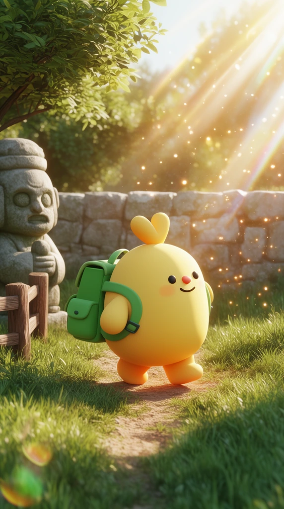 Round yellow 3D cartoon character with green backpack walking on dirt path, lush green grass, stone statue near wooden fence, low stone wall background, glowing particles, bright sunbeams, golden hour, lens flares, shallow depth of field, cinematic 3D render