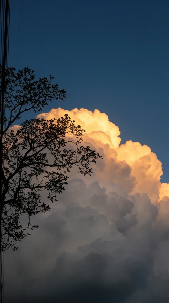 towering cumulonimbus cloud, upper ridges brilliantly illuminated by bright golden and peach sunlight, lower cloud volume in deep atmospheric grey shadow, deep azure blue sky, stark black silhouette of an intricately branched leafy tree extending from the left edge, delicate dark foliage contrasting against soft voluminous cloud textures, faint vertical power lines silhouetted in the top left corner, dramatic high-contrast lighting, golden hour photography, serene twilight atmosphere