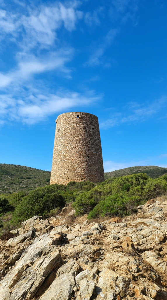 cylindrical stone watchtower on hillside, rugged rocky foreground, green shrubs, rolling hills, bright blue sky, scattered wispy clouds, daylight photography, low angle