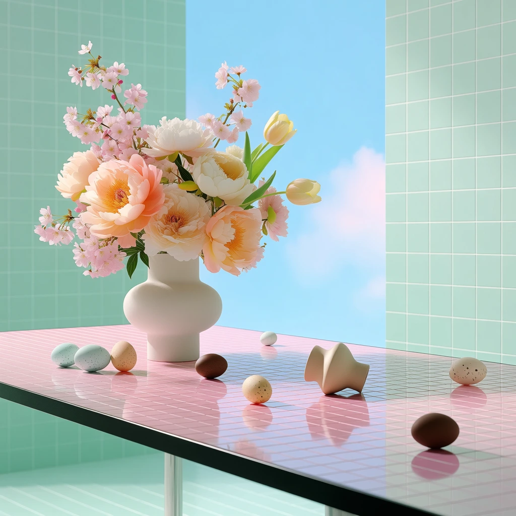 surrealist dreamcore still life, pastel pink gridded tile tabletop, minimalist ceramic vase overflowing with soft cherry blossoms, lush peonies, and tulips, scattered speckled eggs, background of mint green tiled walls, bright blue sky with a subtle white digital grid overlay and fluffy clouds, soft ethereal sunlight, nostalgic 90s cgi aesthetic, low-fidelity film grain, vibrant pastel palette, clean linear perspective, serene liminal space vibe, polished vaporwave art direction.