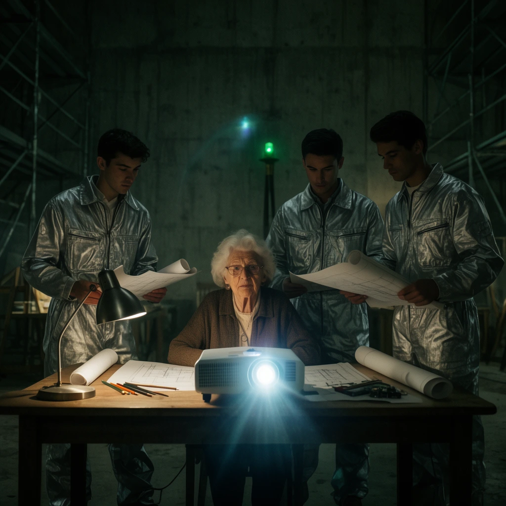Four architects review plans in a dimly lit concrete bunker. An elderly woman sits at a wooden table, illuminated by a projector beaming bright light directly at the lens. Three young men in silver jumpsuits stand closely around her holding rolled schematics. A metal desk lamp and drafting tools rest on the surface. The background features raw concrete walls, steel scaffolding, and a distant green beacon. Cinematic low-key lighting, heavy shadows, and a dramatic lens flare anchor this moody composition.