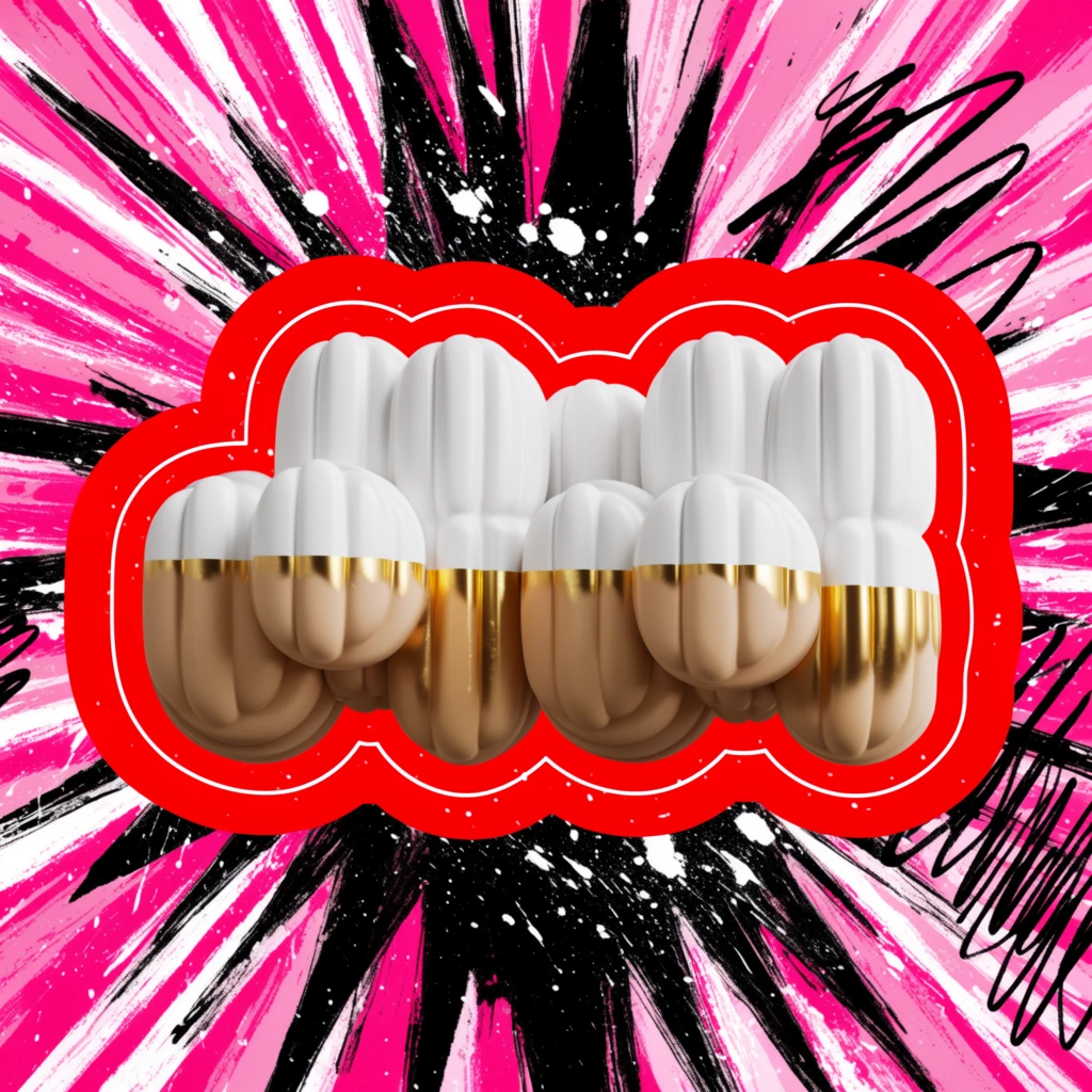 chunky rounded 3D forms clustered centrally, top halves white with vertical ridges, bottom halves tan dipped in glossy gold, enclosed in a thick red undulating cloud silhouette with a thin white outline, explosive radial starburst background of jagged black neon pink and white rays, gritty dry-brush strokes, scattered white paint splatters, chaotic black ink scribbles, high-energy pop art graffiti aesthetic, high-contrast graphic design