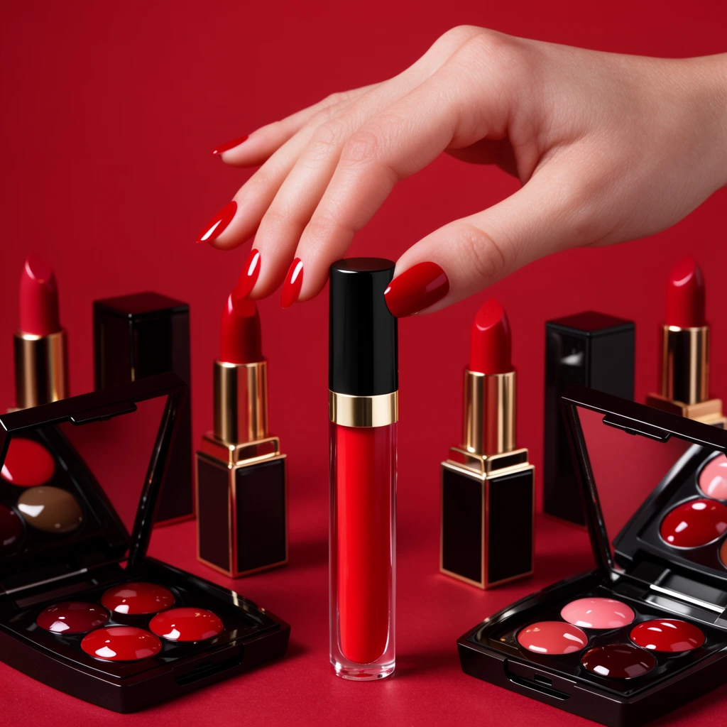 hand with glossy red manicured nails reaching for a tall clear tube of red liquid lipstick with a black and gold cap, surrounded by open black compacts revealing glossy lip palettes, traditional red lipsticks in square black cases, solid matte red background, luxury commercial cosmetics photography, bright studio lighting, rich red and black color scheme