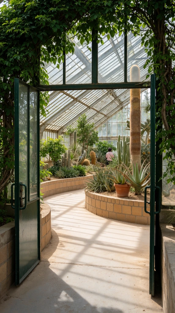 open dark green metal doors revealing a sunlit glass greenhouse, lush climbing vines framing the entrance, pitched glass roof structure, curving light stone pathway, curved tan brick planters, diverse desert flora, tall textured cylindrical cactus trunk, aloe vera in a terracotta pot, bright natural daylight casting geometric structural shadows on the paved floor, distant blurred figure in a pink shirt, inviting eye-level perspective, crisp daylight botanical photography, rich foliage greens and warm earthy tones