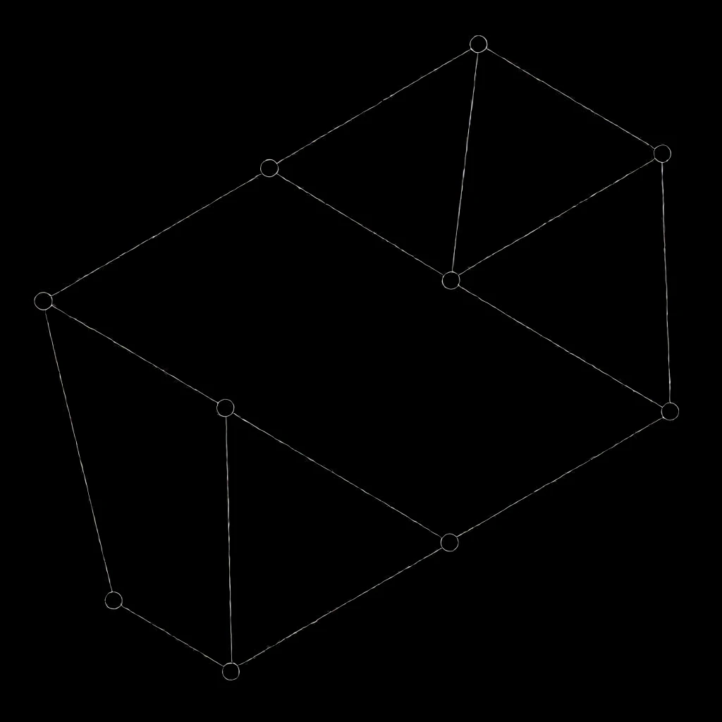 abstract geometric wireframe on solid black background, thin white lines connecting small circular nodes at angled vertices, large isometric hollow shapes, minimalist schematic diagram, stark monochrome contrast