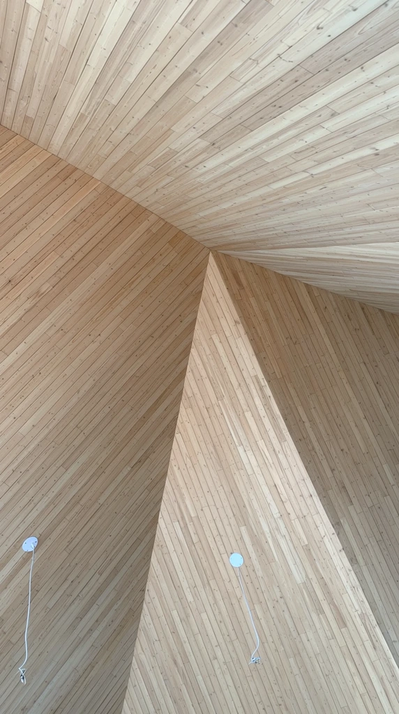 A worm's-eye view of a geometric architectural ceiling constructed from light-colored wooden planks. The narrow boards form multiple intersecting planes converging into sharp angles, valleys, and ridges. Soft natural lighting casts subtle gradients across the wood, highlighting the natural grain and small knots. Two minimalist white electrical wire fixtures with circular mounting plates dangle from the angled surfaces. The framing emphasizes the precise joinery, creating a striking, multifaceted abstract pattern of warm, neutral beige tones.
