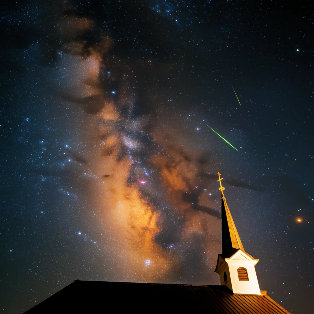 Brilliant night sky, glowing orange Milky Way dust, dense blue starfield, bright green meteor streak, illuminated white church steeple with cross, dark roof silhouette, long exposure astrophotography