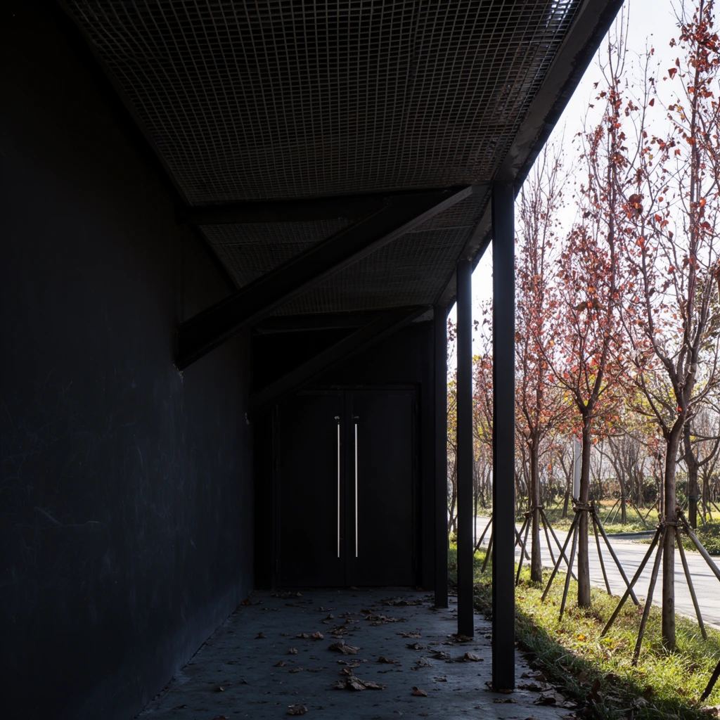 A high-contrast architectural exterior divides heavy geometric construction from delicate organic elements. On the left, a massive matte black wall with subtle scuff marks recedes beneath a dark metal grid canopy supported by angular black steel beams and vertical pillars. The shadowed concrete walkway, scattered with dry brown fallen leaves, terminates at dark double doors featuring long silver vertical handles. To the right, bright sunlight illuminates a row of slender, staked trees bearing sparse reddish-brown autumn foliage growing beside a grassy median and paved path. The deep depth of field composition emphasizes the stark transition from the dense shadows of the modern industrial structure to the vibrant daylight of the natural landscape.