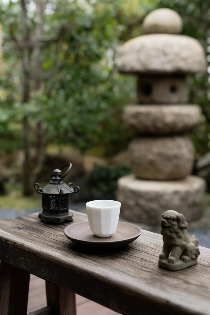 white faceted teacup on a rustic wooden bench, miniature dark metal lantern, small stone lion dog figurine, shallow depth of field, blurred Japanese garden background, stacked stone lantern, soft natural daylight