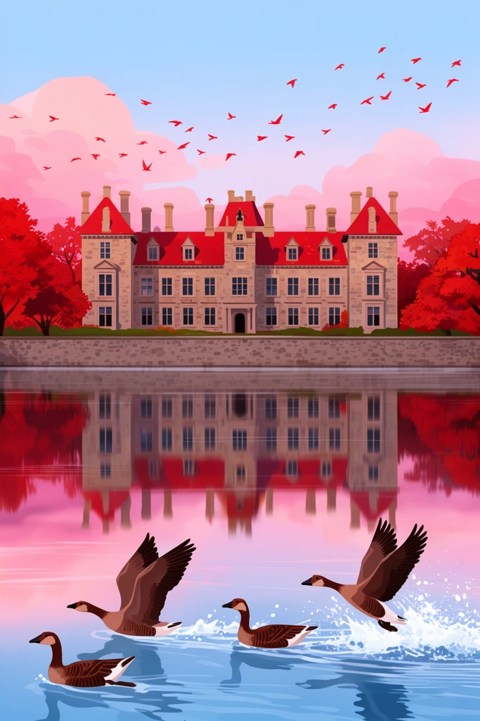 grand stone manor with red roofs behind a stone wall along a calm lake, mirrored reflection of the estate and vibrant pink sunset sky, brown geese swimming and taking flight with splashing water in the foreground, red autumn trees, scattered red birds flying in the pastel blue sky, 2D digital illustration, clean flat colors, serene atmosphere