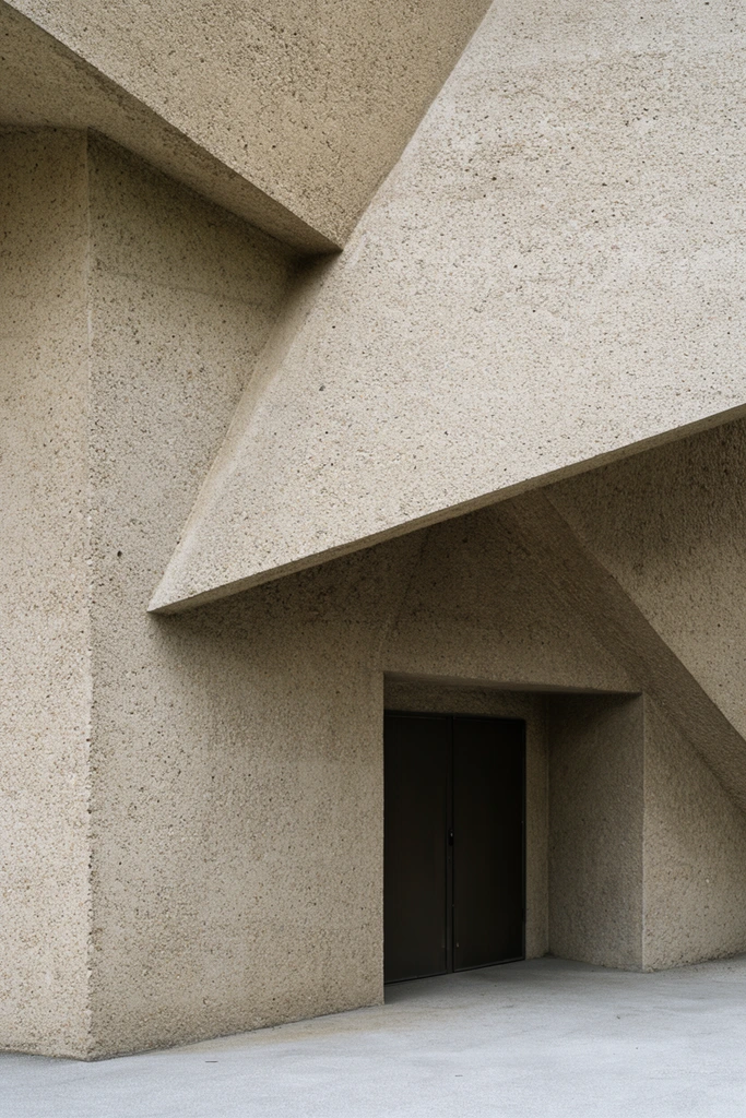 brutalist architectural facade of rough textured beige concrete, sharp diagonal intersecting planes creating a monolithic geometric structure, asymmetrical recessed entryway housing dark double doors, deep shadows cast by heavy angular overhangs, minimalist light grey ground surface, stark architectural photography, soft natural daylight emphasizing the porous granular wall texture, tight framing on intersecting geometric volumes