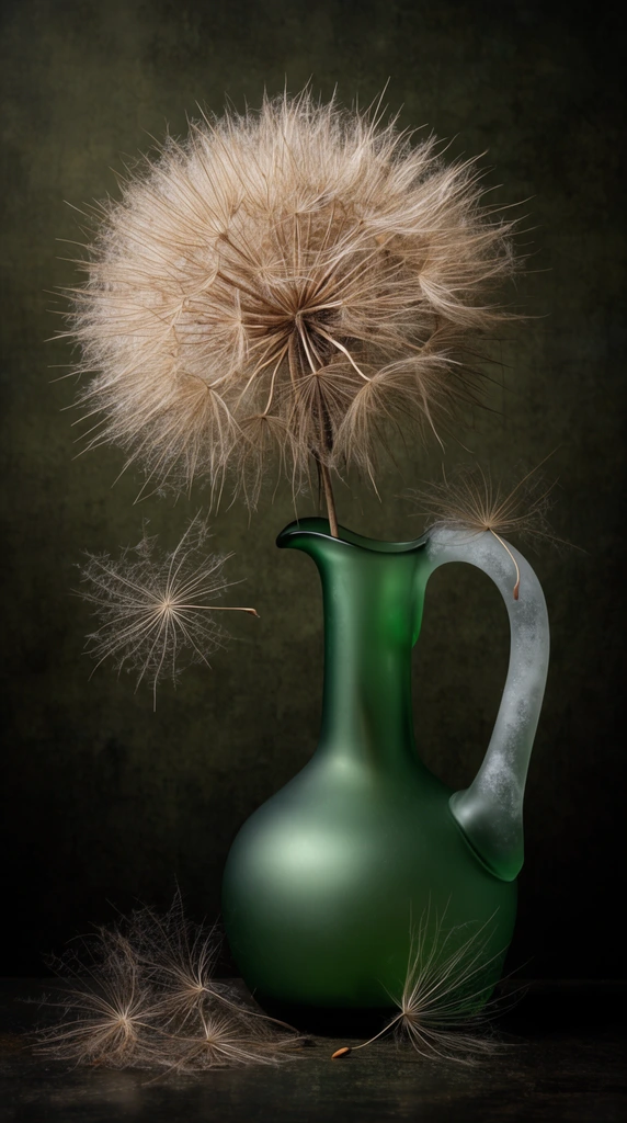 An oversized, fluffy dry seed head rests in a matte green glass pitcher against a dark, textured olive backdrop. One feathery seed floats mid-air, while others rest on the surface and frosted handle. Soft chiaroscuro lighting highlights the delicate fibrous textures and smooth glass curves in this moody, painterly still-life.