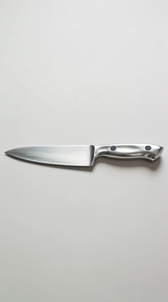 A sleek, all-metal chef's knife resting horizontally across a smooth, matte off-white surface. The polished stainless steel blade features a gently curved cutting edge tapering to a sharp tip, catching subtle light along its horizontal brushed grain. A sculpted metal handle connects to the blade through a thick bolster, defined by ergonomic contours and secured by two dark circular rivets. Soft, diffused overhead lighting creates smooth reflective gradients across the metallic handle and casts a narrow drop shadow directly beneath the knife. The minimalist product photography isolates the silver object against the stark background, emphasizing its clean utilitarian geometry and bright industrial finish.