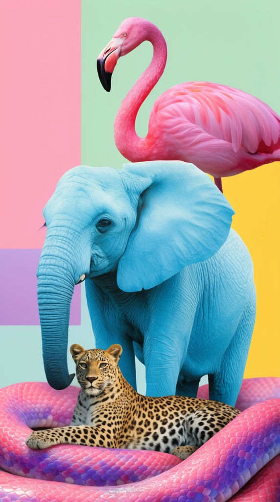 A surreal digital collage of vibrantly colored animals against abstract geometric rectangles in pastel pink, mint green, and yellow. A bright light blue elephant stands centrally. A pink flamingo is positioned behind it. At the base, a spotted leopard rests upon the thick coils of a large pink and purple snake. The composition features vivid pop-art surrealism, crisp lighting, and unnatural saturated hues.