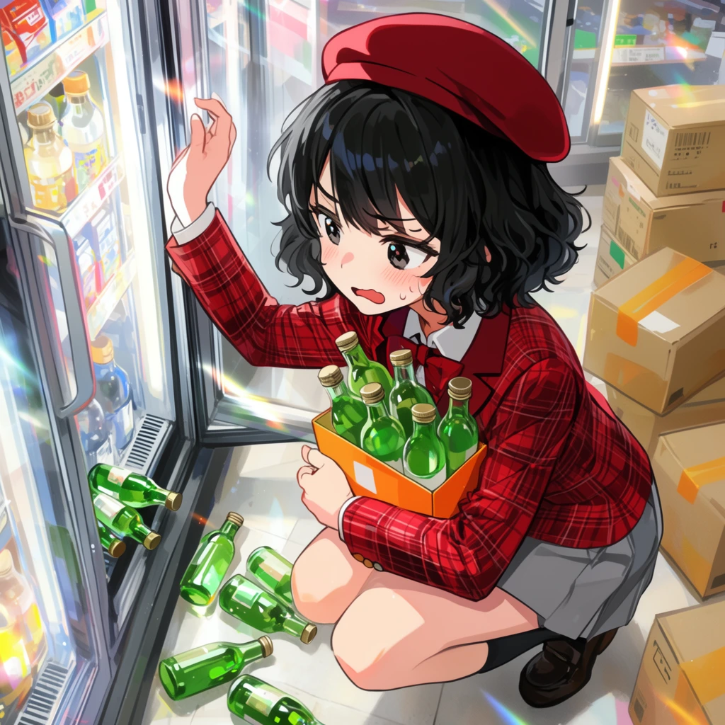 A flustered young girl with short wavy black hair and a red beret crouches before a brightly lit convenience store refrigerator, clumsily dropping several small glass bottles. Wearing a red plaid blazer and grey skirt, she reaches for the glass door while struggling to balance an orange box and multiple green bottles in her arms, as others tumble to the floor. The cluttered aisle features stacked cardboard boxes behind her. The anime-style illustration employs a dynamic high-angle perspective, vibrant coloring, and luminous highlights with lens flares emphasizing the reflective glass surfaces.