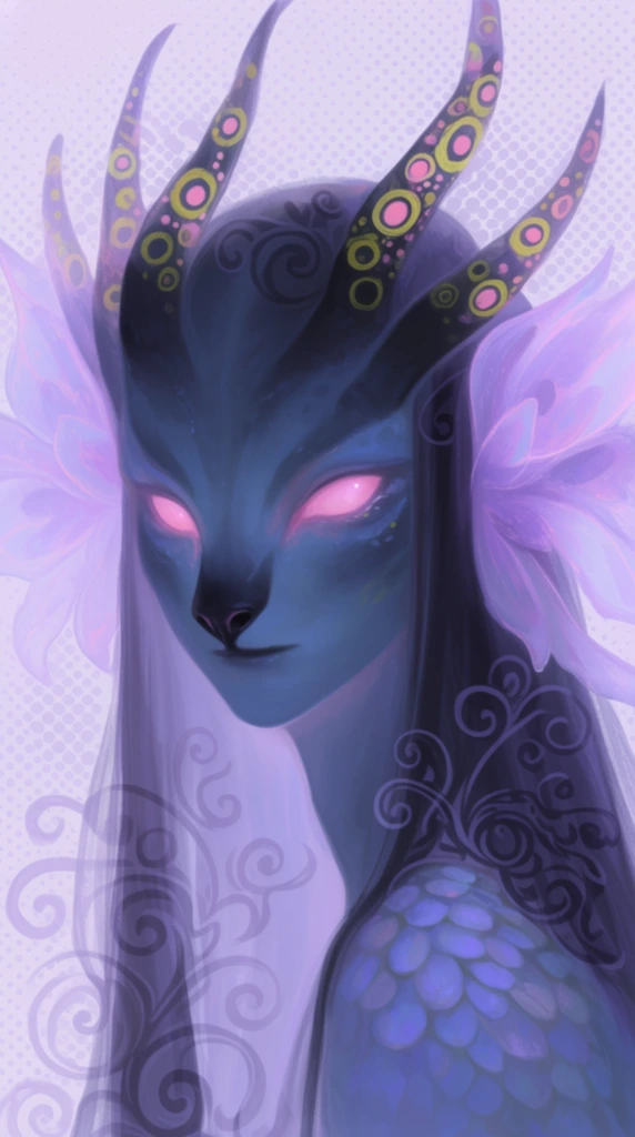 Ethereal alien humanoid portrait, dark blue skin, glowing pink eyes, dark animalistic nose, dark horns with yellow and pink circular patterns, translucent purple floral ears, long dark hair, scaled shoulder, ethereal digital painting, pastel lavender palette, halftone background, dark swirling filigree overlay