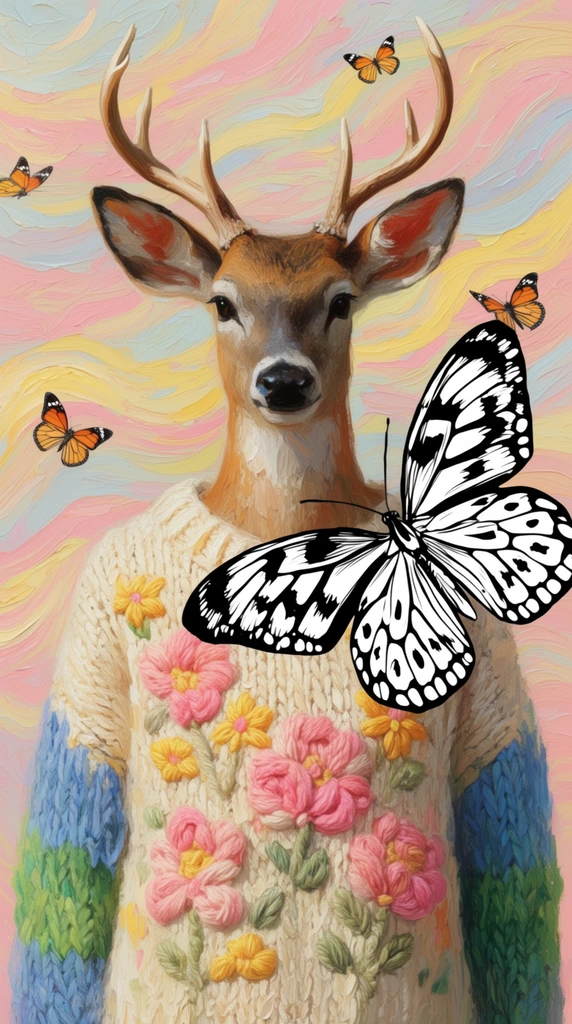 anthropomorphic deer with antlers, wearing a chunky cream sweater with raised pink and yellow floral embroidery and blue and green knitted sleeves, prominent oversized black and white ink-drawn butterfly in the right foreground overlapping the deer, swirling pastel background with thick impasto wavy lines in pink yellow and pale blue, four small orange and black butterflies fluttering around the scene, surrealist mixed media composition, strong juxtaposition of hyper-textured painterly rendering against flat high-contrast line art