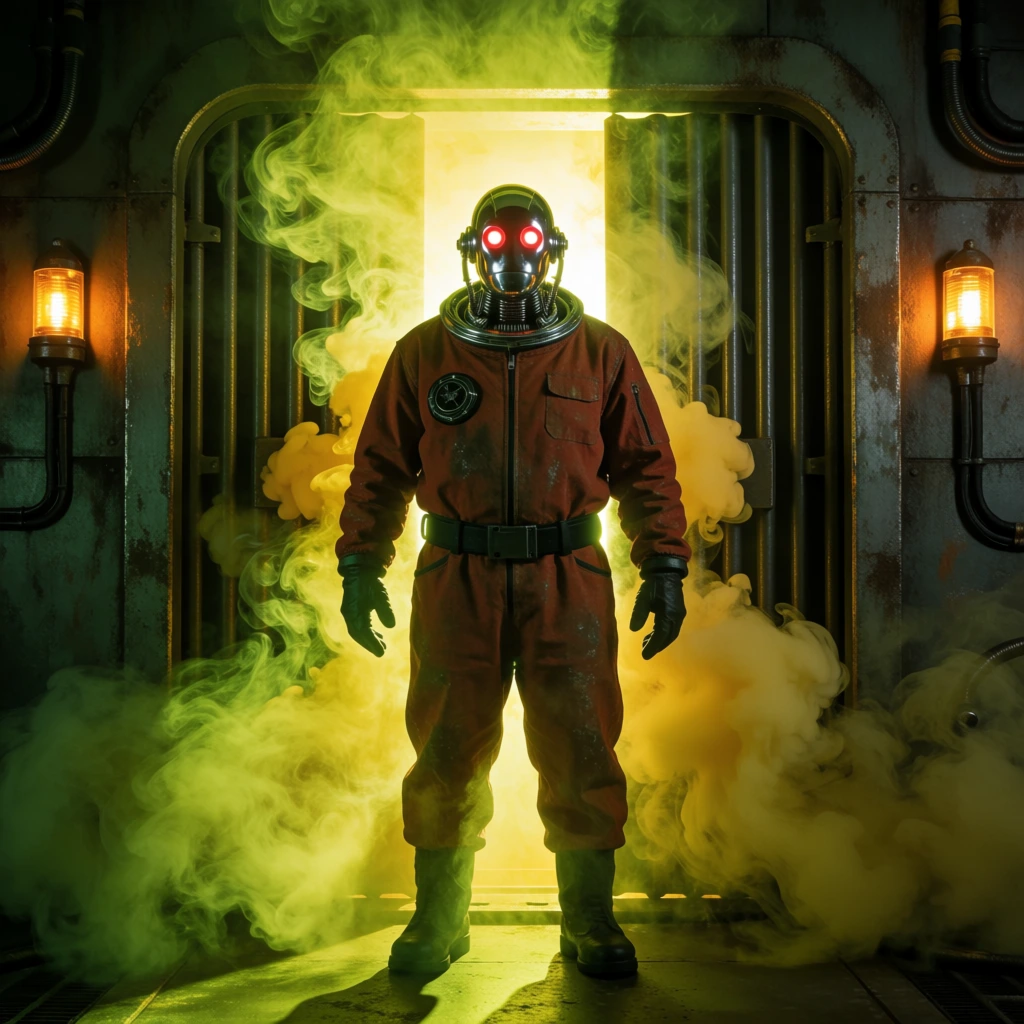 A heavy android in a rust-colored hazard suit with a chrome faceplate and glowing red optics stands centered within a parted metal blast door. Swirling yellow smog billows from the bright chamber behind the figure. The symmetrical sci-fi scene features grimy steel walls flanked by flickering amber warning beacons. Harsh toxic green backlighting cuts through the dense atmosphere, casting the imposing figure as a striking silhouette against the brightly illuminated threshold.