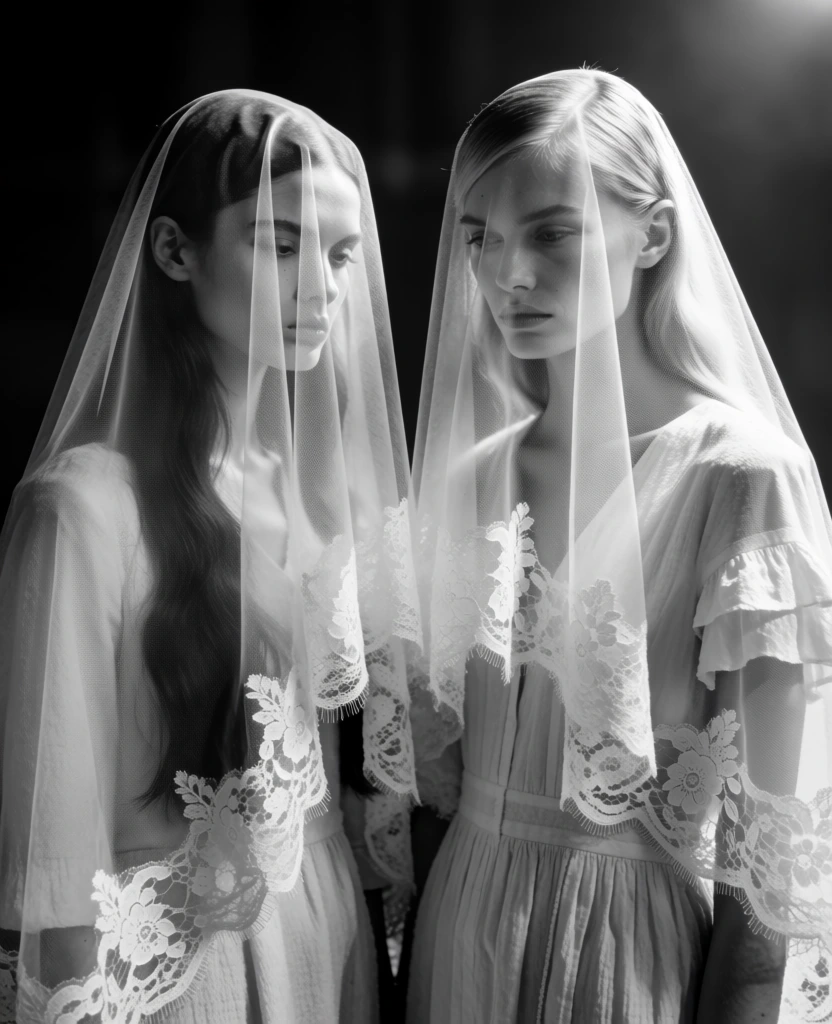 A black and white fashion photograph depicts two women standing close together, their faces and upper bodies obscured by long, translucent veils. Both models are positioned in the center of the frame, facing slightly toward each other. They wear sheer, fine-mesh veils that drape from the tops of their heads down past their waists, finished with wide, intricate floral lace borders along the bottom edges. Through the semi-transparent material, the model on the left is seen with long, dark hair flowing down her shoulder, while the model on the right has lighter hair styled with a side part. Both women maintain neutral, somber expressions, with the model on the right looking slightly downward. They are dressed in light-toned, textured garments; the model on the right wears a dress with ruffled sleeves and a gathered waistline. The background is entirely dark and featureless, creating a stark, high-contrast environment that emphasizes the white lace and mesh. Lighting originates from the upper right, casting highlights across the tops of the veils and the models' foreheads while leaving the background in deep shadow. The medium shot framing focuses on the textures of the fabric and the ethereal quality of the layered lace.