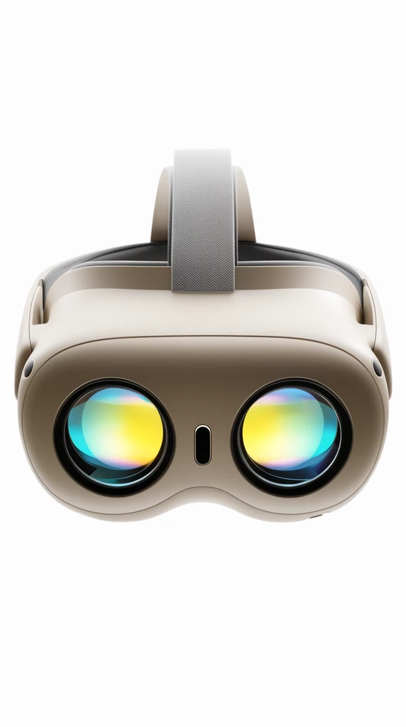 A sleek, beige virtual reality headset floating against a pure white background. The device features a smooth matte finish, rounded contours, and a textured gray top strap. Two large circular front-facing lenses reflect vibrant iridescent yellow and cyan light, separated by a small pill-shaped central sensor. High-end minimalist product photography with pristine studio lighting.