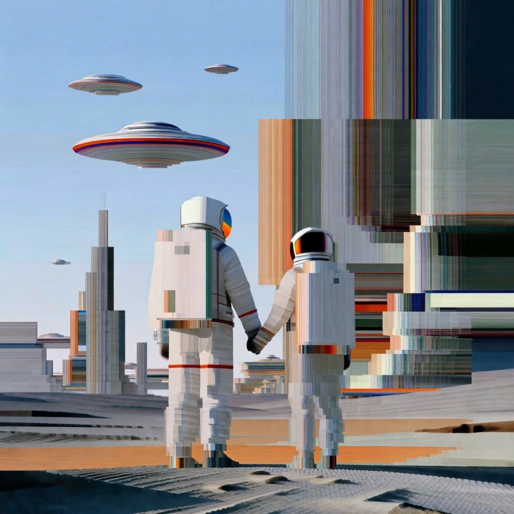 slit-scan glitch art style, two astronauts holding hands in the foreground, facing a futuristic metropolis, flying saucer vehicles in the sky, vertical and horizontal pixel-stretched bands extruding from the figures and architecture, flattened perspective, muted palette of lunar grays and deep space blues with neon orange and teal accents, high-contrast geometric blocks, abstract digital distortion, clean lines, minimalist composition, experimental tech-inspired aesthetic
