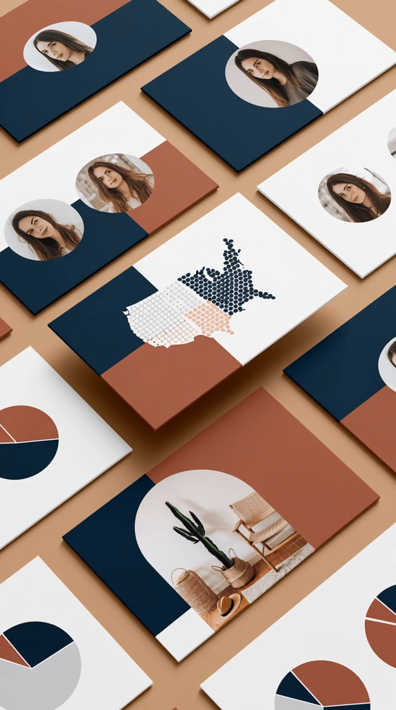 A collection of rectangular presentation cards arranged in an isometric grid on a smooth tan surface. The sleek layouts feature sharp geometric color blocks of navy blue, terracotta, and crisp white. Visual elements across the scattered documents include circular portrait photographs, a geographic map of the United States marked with solid dots, segmented pie charts, and an arched lifestyle photograph depicting a bohemian interior with a potted cactus and straw hat. Soft, angled shadows cast by the slightly elevated documents create a dimensional, photorealistic mockup aesthetic highlighting the structured, modern graphic design.