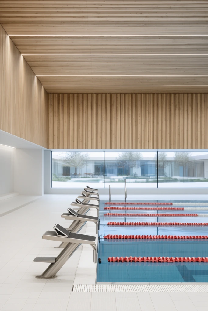 A modern indoor swimming pool featuring a white tiled deck and angled metal starting blocks. Calm blue water is segmented by red and white lane dividers. Light wood slats clad the ceiling and upper walls above a wide panoramic window revealing a distant outdoor courtyard. Shot with clean architectural lines, minimalist geometry, and bright, balanced lighting.