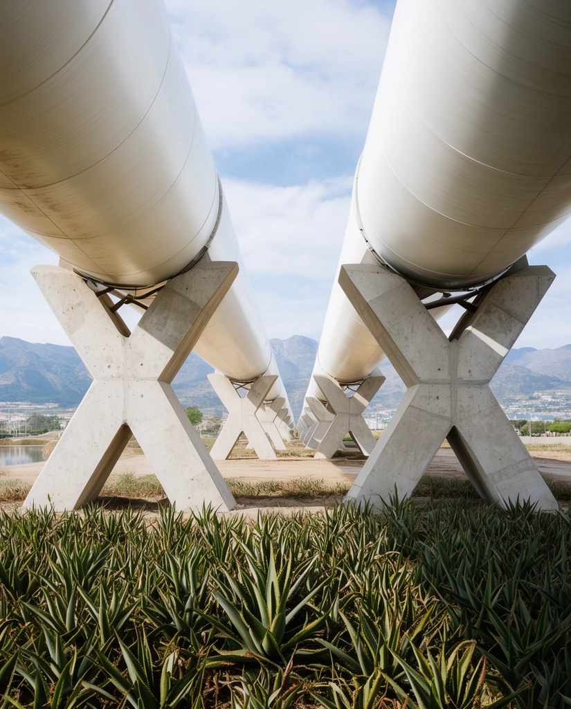 Two massive parallel white cylindrical tubes stretch toward the horizon atop large concrete X-shaped pillars. The low-angle view passes over spiky green plants, leading toward distant mountains under a bright sky.