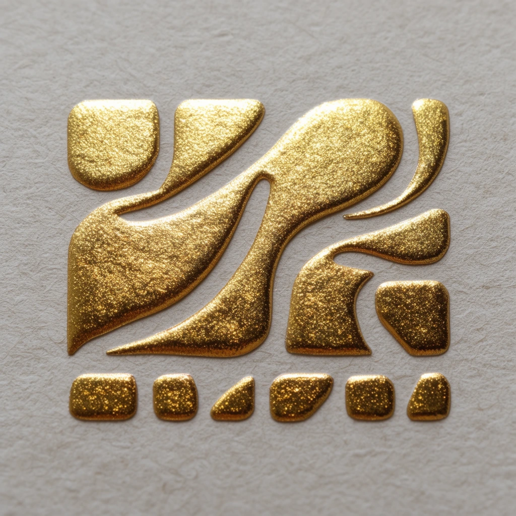 Raised, textured metallic gold shapes are deeply embossed onto a coarse, light grey fibrous paper. The central design features fluid, curving, and sweeping metallic forms with a sparkling, granular gold finish, displaying varying thicknesses and smooth, rounded edges. Directly below sits a horizontal row of smaller, disconnected, uniform geometric gold shapes. Soft overhead lighting catches the reflective metallic flakes, highlighting the elevated, three-dimensional contours of the foil. Delicate drop shadows fall onto the matte surface of the paper, emphasizing the tactile contrast between the shimmering, raised gold material and the flat, porous texture of the neutral background.